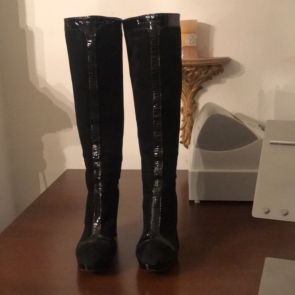 Tory Burch black platform suede &patent leather knee boots size 9.5